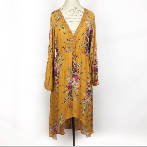EYESHADOW Boho Floral Embroidered Mustard Yellow Orange Deep V Neck Dress Size M - Picture 1 of 15